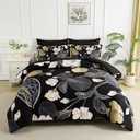 Yogeneg 7 Piece Bed in a Bag King Size Comforter Set Black Bedding Set,Pink Gold Floral Leaves Printed on Reversible Design,Soft Microfiber Comforter with Sheet Set,All Season(Black Pink,King)