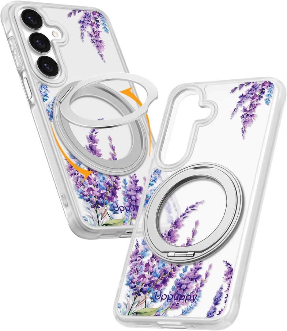 Uppuppy for Samsung Galaxy A16 4G/5G Case- Compatible with MagSafe for Women Girls Bulit-in 360 Rotatable Magnetic Ring Holder Kickstand Cute Aesthetic Purple Floral Design for Samsung A16 (Lavender)