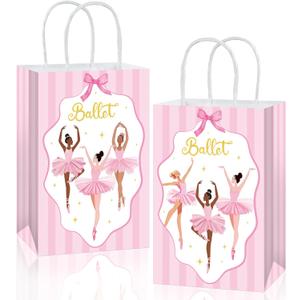 16Pcs Ballerina Party Favor Bags Ballerina Birthday Decorations Ballet Theme Candy Goodie Bags with Handles Pink Dancing Girl Gift Paper Bag for Girls Birthday Baby Shower Wedding Party Supplies