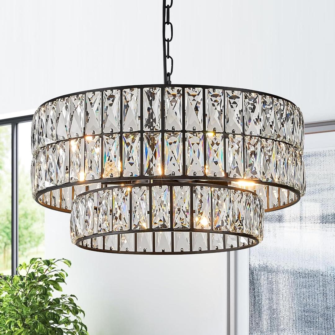 Black Crystal Chandelier 6-Lights Luxury Crystal Pendant Chandelier 20'' Drum Semi Flush Mount Ceiling Lights for Dining Room Foyer Living Room Bedroom Kitchen