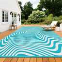 Vaukki Waterproof Outdoor Rug 9x12 Teal Striped Patio Mat