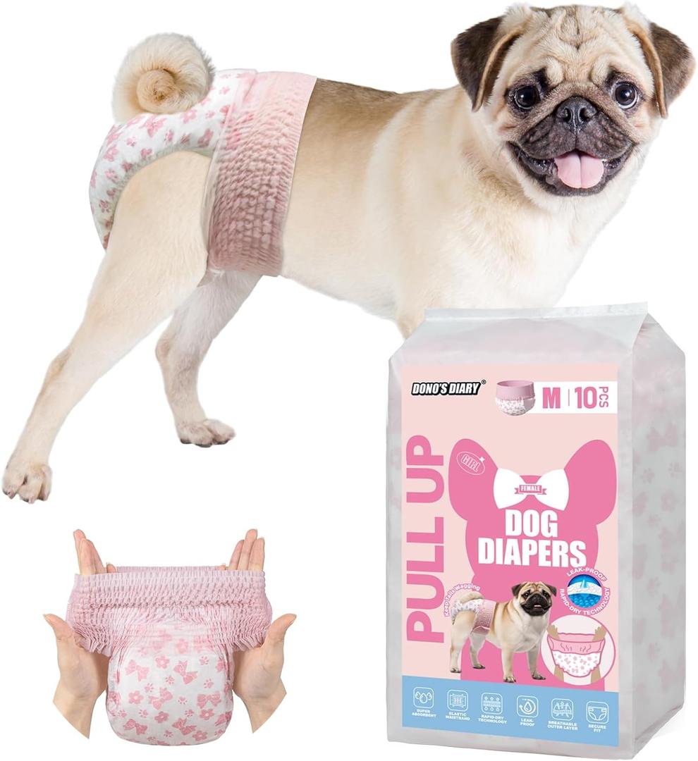 Dono Disposable Pull It Up Female Dog Diapers, 360 Stretchy Waist Puppy Diapers, Super-Absorbent Doggie Diapers with Rapid-Dry Technology Leak-Proof Design for Doggy in Heat Period, M 10 Pcs