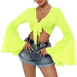 Mesh Tops for Women Bell Sleeve Rave Outfits Tie Front Crop Top Long Sleeve Shirt Sheer Blouse Festival S
