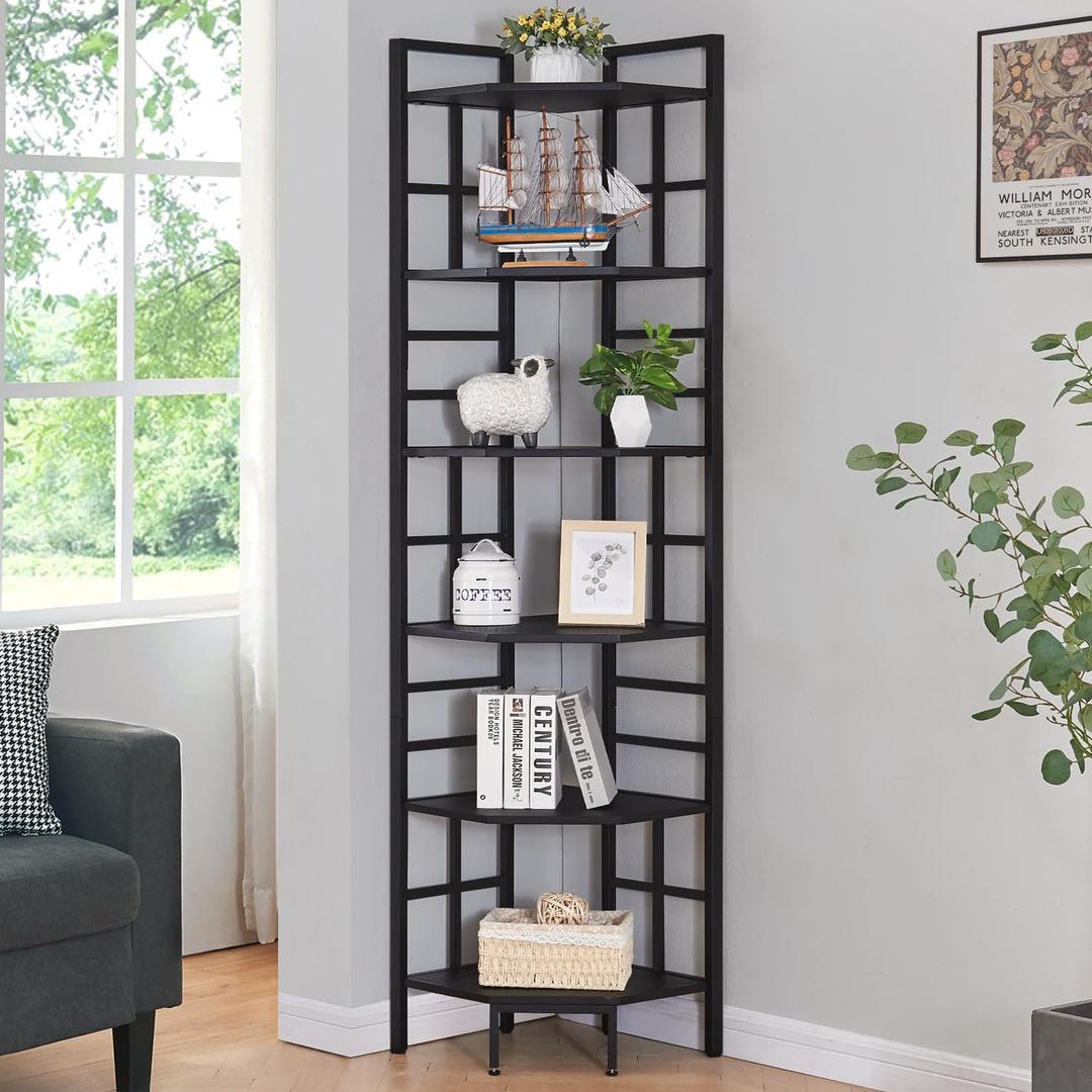 HOMISSUE Corner Shelf, 6 Tier Tall Narrow Bookshelf 76.9", Industrial Corner Bookcase with Storage for Home Office Living Room and Bedroom, Black