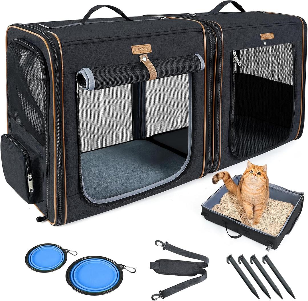 Lekereise Extra Large Cat Carrier for 2 Cats, 2-in-1 Cat Travel Carrier with Litter Box, (20.85" x2) x19.7"x19.7" Pet Carrier with Zipper Locks for Moving Across The Country (No Hammock) - Black