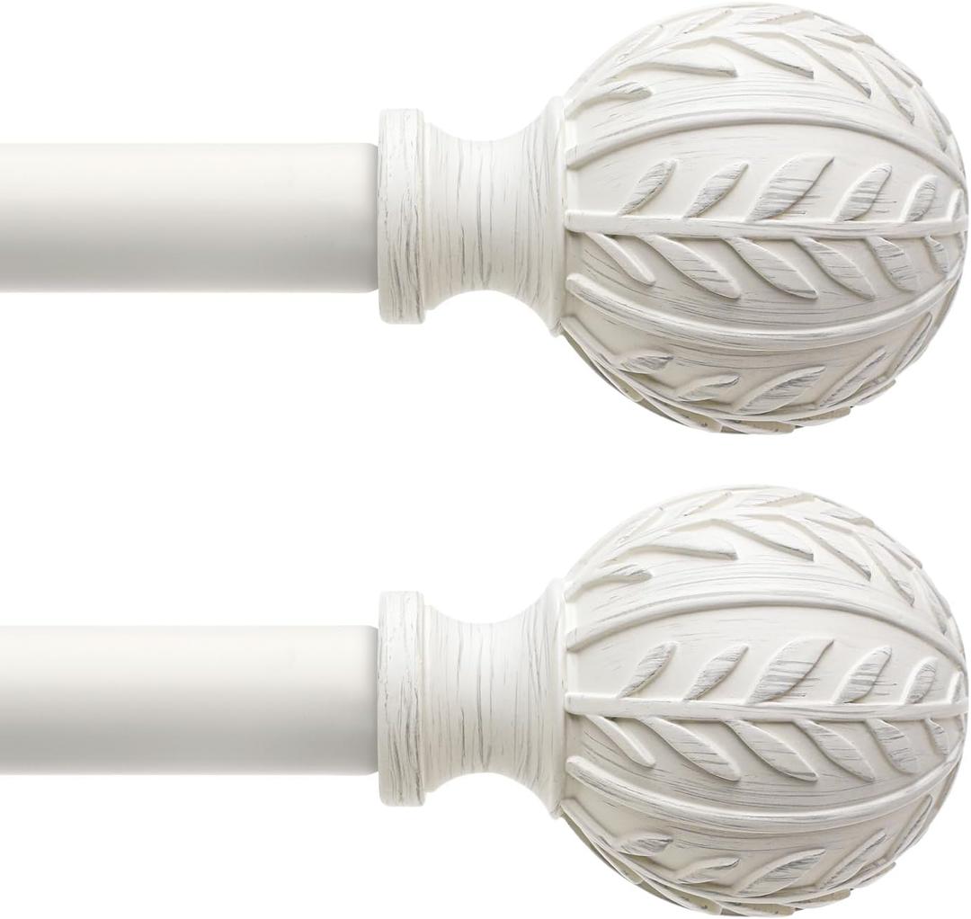 QDWIS 2 Pack Antique White Curtain Rods for Windows 48 to 84 inch,1" Adjustable Heavy Duty Window Curtain Rod with Leaf Finials,Rustic Decorative Drapery Rods Set,Size:36-88''