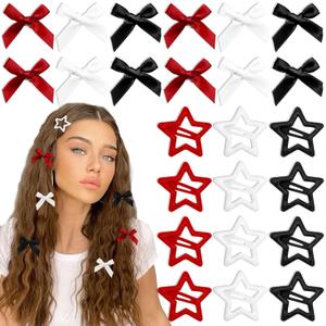 24PCS Bow Hair Clips 3 Colors Red Star Hair Clips Black Satin Mini Hair Bows White Star Barrettes Bowknot Snap Metal Y2K Hair Accessories for Women Girls