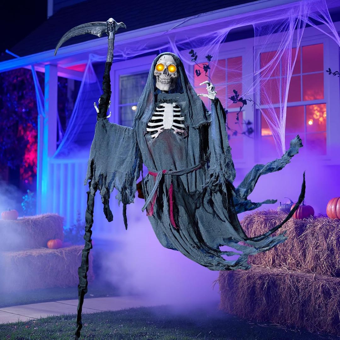 JOYIN 6 Ft Flying Grim Reaper Animated Halloween Decorations Outdoor with Sickle, Spooky Sound Animatronics Standing Skeleton for Scary Haunted Houses Prop Graveyards Lawn Party Yard Decor