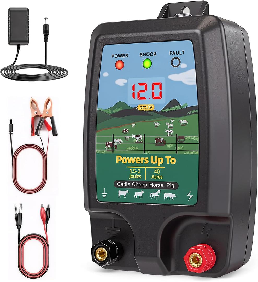 Electric Fence Charger 15 Miles, 12KV Pulse Charger AC/DC Solar Compatible, Heavy Duty Livestock 2J Fence Charger for Cattle, Horses, Poultry, Garden Deer & Wildlife Control, LED Display with Alarm