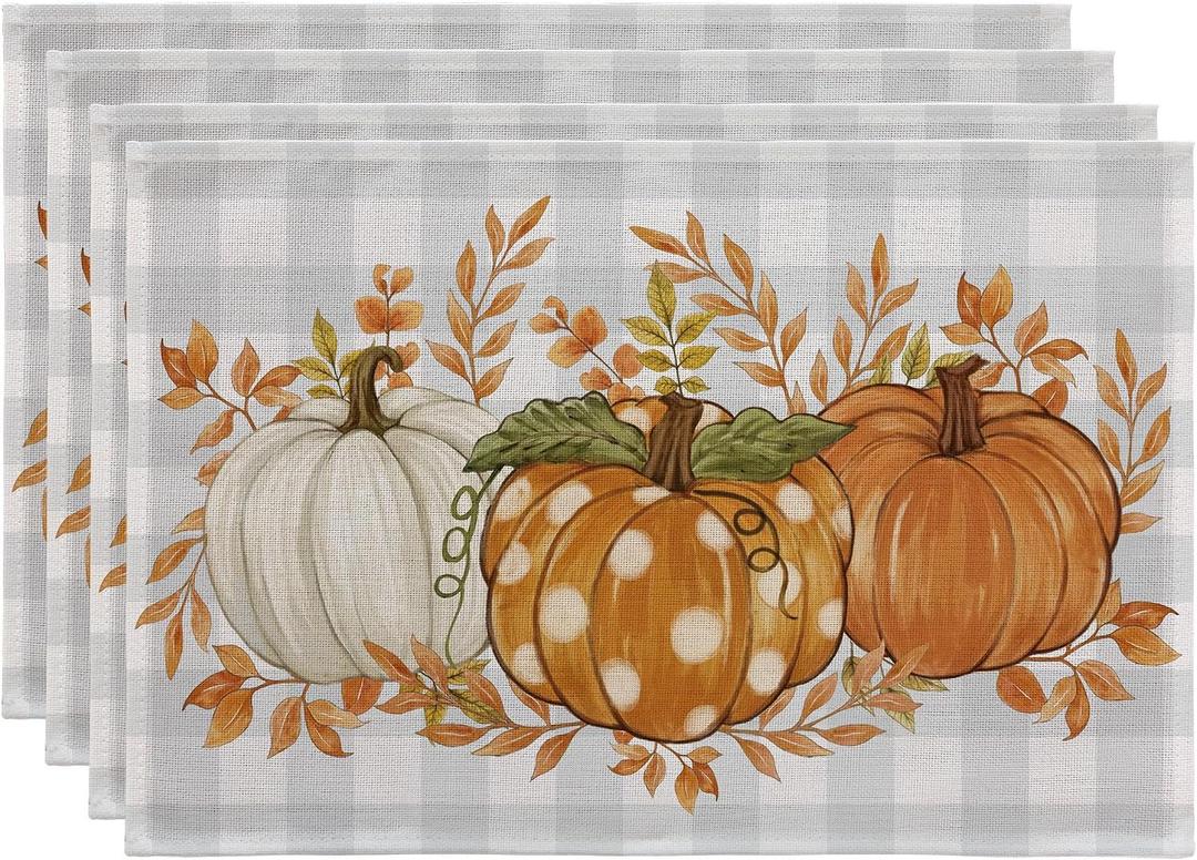 Romanstile Fall Placemats Set of 4-12 X 18 Inch - Thanksgiving Autumn Harvest Pumpkin Buffalo Plaid Place Mats, Stain Resistant Wipeable Table Mats for Party/Dining/Holiday- Grey Blue Checkered