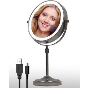 9" Lighted Makeup Mirror with with Lights and Magnification 1X/10x, 5000mAh Rechargeable Magnifying Vanity Mirror, 3 Light Colors Dimmable & Height Adjustable Mirror Gunmetal Grey