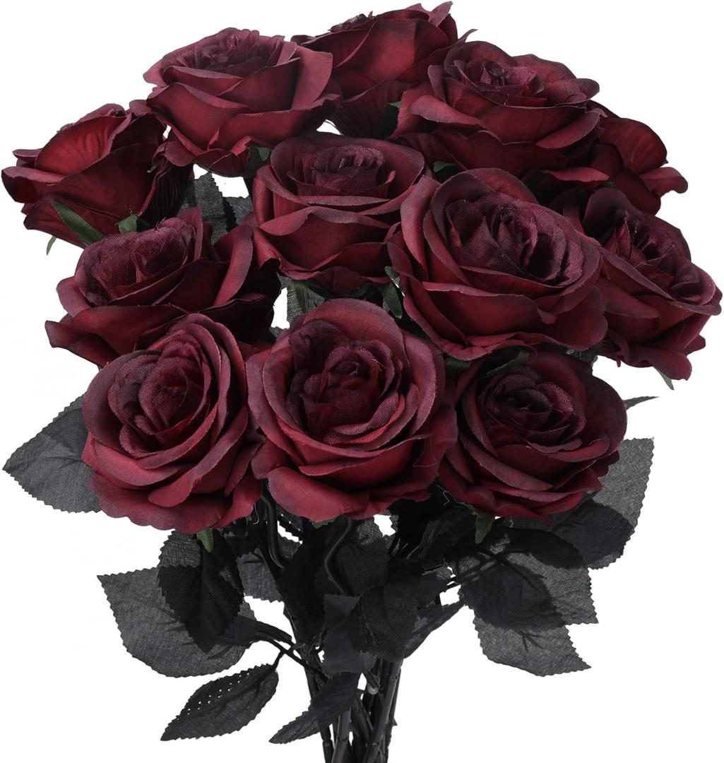 Whaline 12 Pack Valentine's Day Wine Red Artificial Roses Bouquet Vintage Silk Fake Burgundy Roses Lifelike Gothic Rose Flower Long Stem for Wedding Anniversary Birthday Party Table Centerpieces Decor
