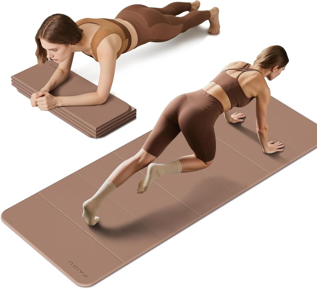 PAIDU Foldable Fitness Yoga Mat | 2/5" (10MM) Extra Thick | SGS Certified Non-Slip TPE | 75x26" Extra Long-Wide | Portable & Easy Store | for Yoga, Pilates, Home Gym & Full-Body Workouts (Brown + Apricot)