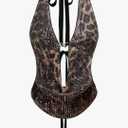 Verdusa Women's Cheetah Print Sequin Top Y2K Tie Back Corset Halter Going Out Crop Tops L