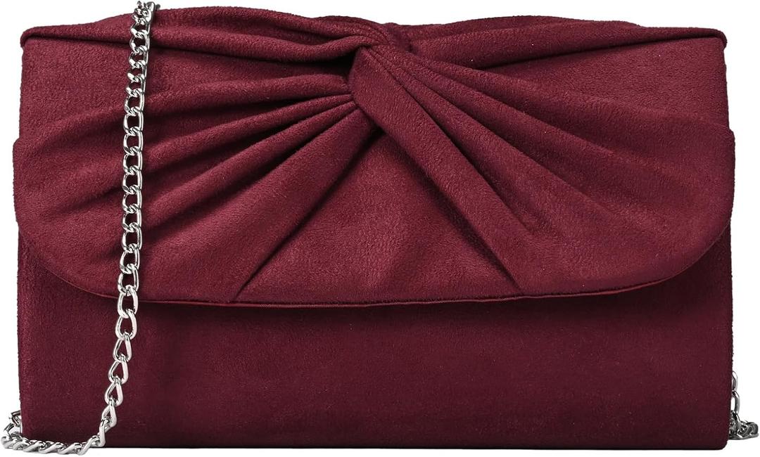 Women Faux Suede Pleated Bow Evening Bag Elegant Clutch Purse Handbag Formal Wedding Prom Party