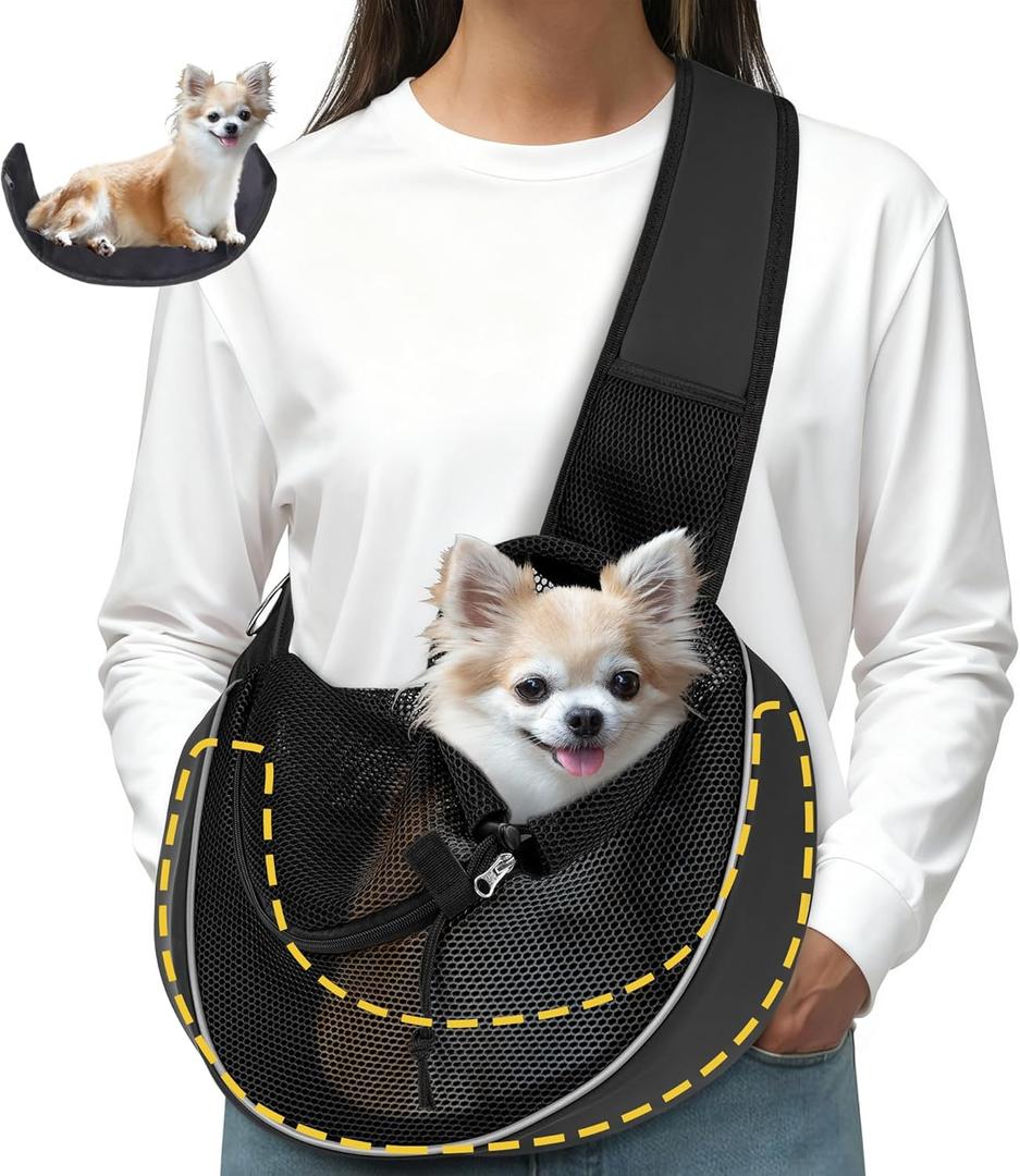 Dog Sling for Small Dogs & Cats Up to 10 lbs with Detachable Hard Bottom Breathable Mesh, Adjustable Strap & Large Pocket - Hands-Free Pet Carrier for Travel Walking Hiking (Black Size Small)