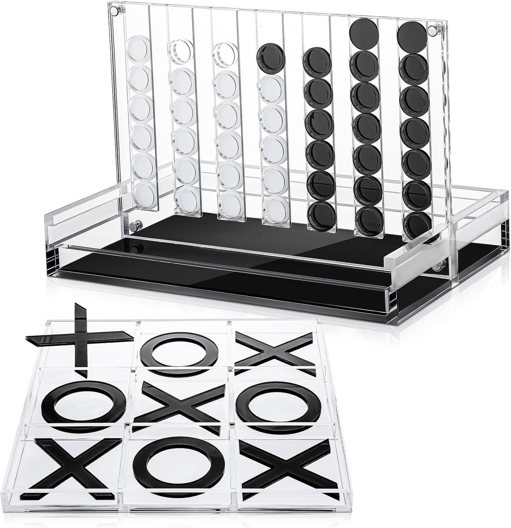 RoundFunny Set of 2 Acrylic Tic Tac Toe and 4 in a Row Board Outdoor Games for Adults and Family Table Strategy Board Games for Living Room Table Guest Room Decor(Black and White)