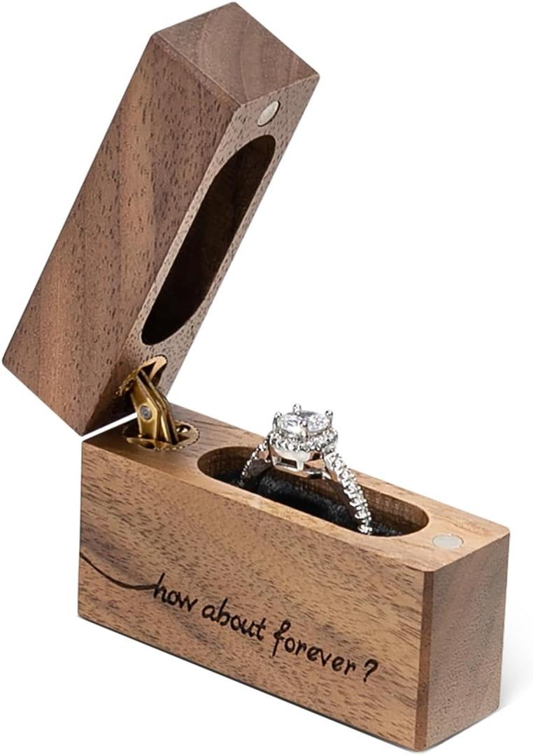 Wooden Engagement Ring Box Small Slim Flat Ring Case for Proposal,Wedding (How about forever)