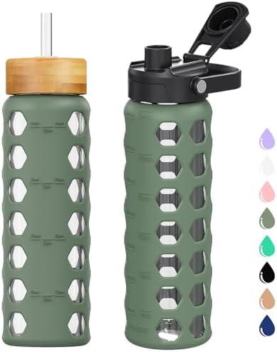 MUKOKO Glass Water Bottles, 24oz Glass Tumbler with Straw, Drinking Bottles with-Handle Spout Lid & Bamboo Straw Lid, Motivational Water Bottle with Time Marker and Silicone Sleeve, Pack of 1, Olive
