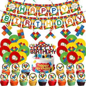 64Pcs Building Blocks Themed Birthday Party Decorations, Includes Colorful Blocks Balloons, Banners, Cake/Cupcake Toppers, Hanging Decor, Birthday Party Pack Supplies
