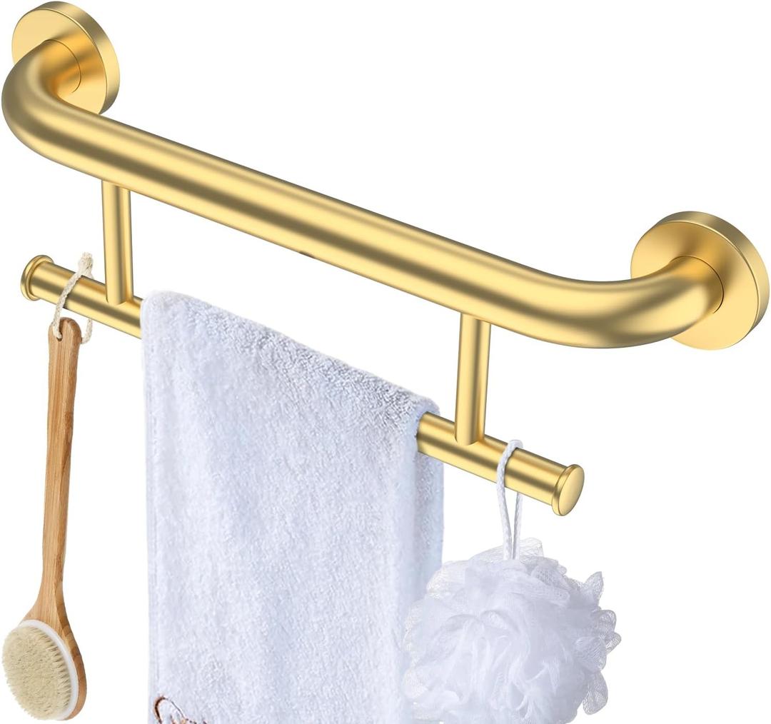 Brushed Gold Grab bar 17 inch - 1.25 Diameter, Zepolu 2-in-1 Bath Towel Bars for Bathroom, Stainless Steel Safety Assist Bar Balanced Support Handle, Wall Mounted Towel Grab Bars for Senior Handicap