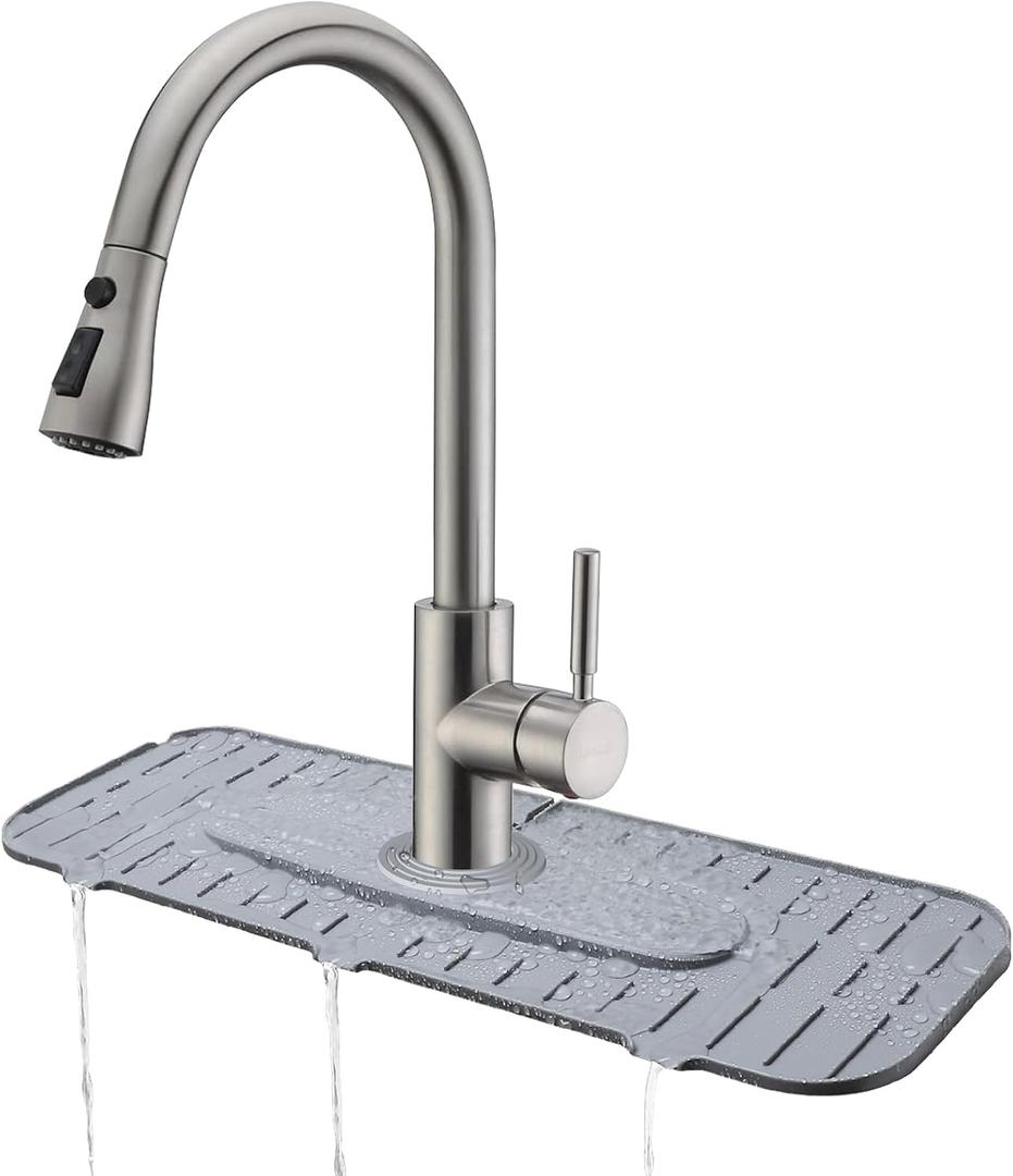 Upgraded Version Silicone Faucet Mat, Kingmall Kitchen Faucet Mat Silicone Faucet Drip Catcher for Kitchen Faucet Drip Catcher, Tailor-Made for Faucets with 1cm(0.4 Inch) Deck PlateLight Grey