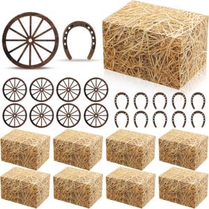 24 Pcs Western Cowboy Party Centerpieces Set 6 inch Straw Boxes Tables Decorations Horseshoe Wagon Wheel Decor Hay Bales Boxes Vintage Cowboy Theme Party Favors for Western Party Birthday
