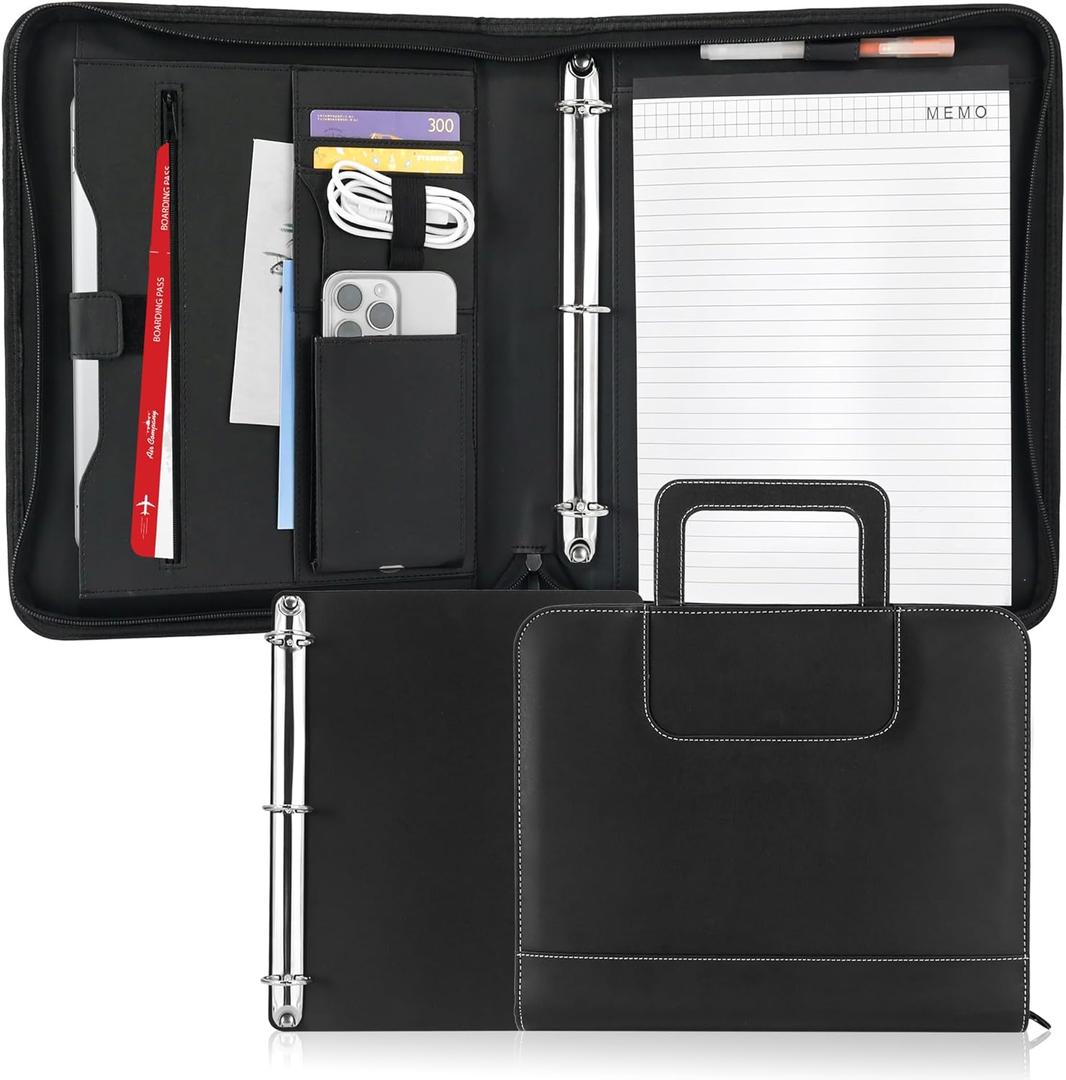 GraduatePro 3 Ring Portfolio Binder with Handles - 1.2 Inch Rings, Faux Leather Padfolio with Zippered, Storage Pouch for Tablet, Mobile Phone Pocket, Travel Documents for Men and Women(Black)