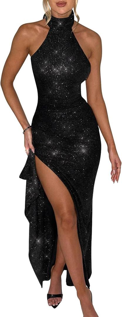 Memoriesea Women's Sexy High Split Bodycon Sleeveless Backless Party Maxi Dress (Black), Small