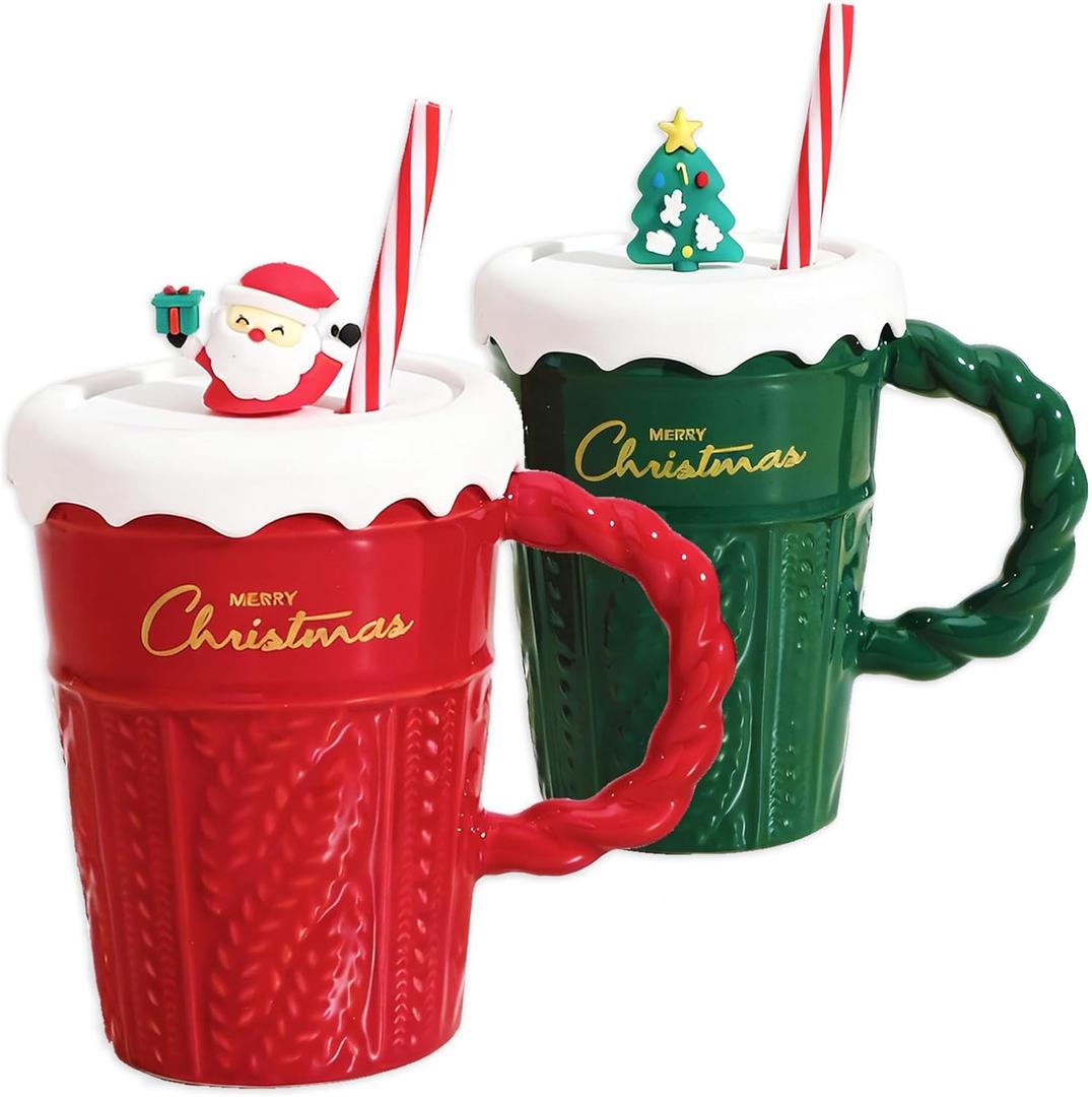 Christmas Mugs Set of 2, 16Oz Ceramic Cups with Santa & Tree Toppers Lids, Knitted Pattern Cup & Striped Straws, Perfect Holiday Gift for Couples & Family (Red, Green)