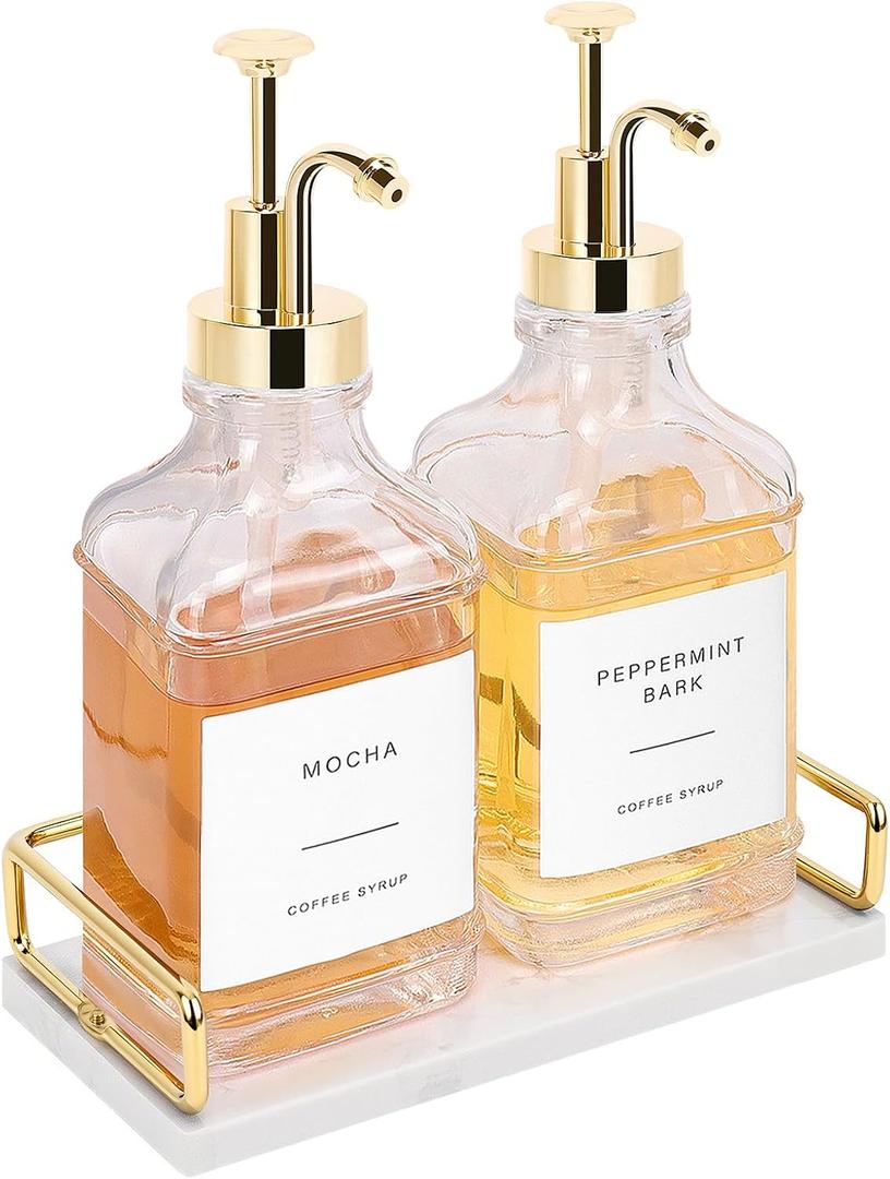 Coffee Syrup Dispenser for Coffee Bar, Clear Glass Syrup Bottles with Pump, Refillable Maple Syrup Storage, Coffee Station Accessories and Organizer, 500ml, Set of 2 + Tray (Gold)