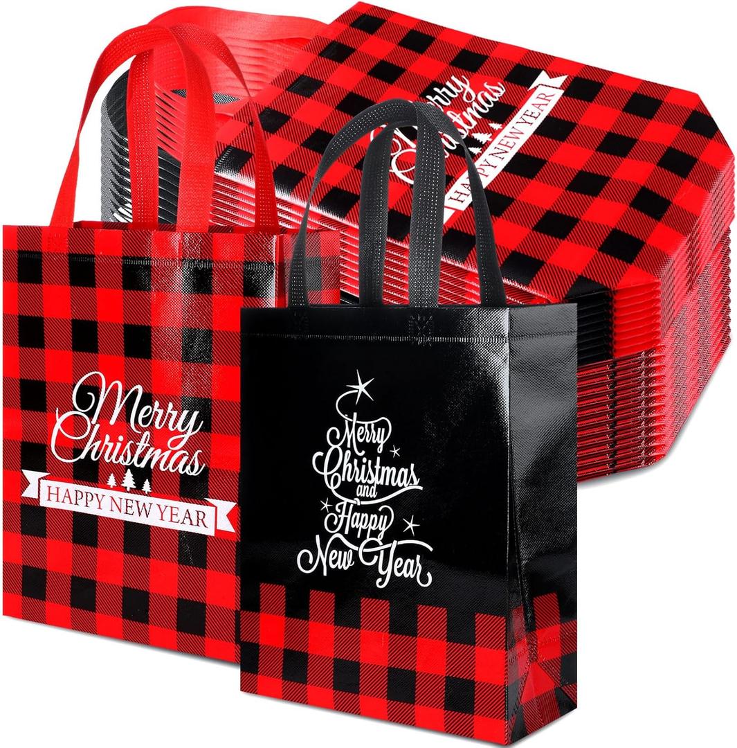 Paterr 24 Pack Christmas Gift Bags 12" Buffalo Plaid Gift Bags with Handles Non Woven Gift Wrap Bags Reusable Christmas Grocery Shopping Totes for Holiday Goodie Candy Xmas Party Birthday