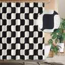 Tititex Retro Checkerboard Grid Pattern 140gsm Faux Linen Fabric Shower Curtain, Beige Black Classical Groovy Wavy Checkered Shower Curtain Sets Decoration 72x72 Inch with Hooks