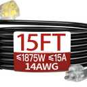15 FT 14/3 Extension Cord Outdoor, Heavy Duty Weatherproof & Flame Retardant Black 3 Prong Power Cord with Light, Outside for Lawn & Garden, 15 Amps 1875 Watts 125 VAC 14AWG SJTW, ETL Listed