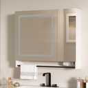 ChooChoo Lighted Bathroom Medicine Cabinet with Mirror, Wall-Mounted Bathroom Wall Cabinet with Mirror Doors, LED Lights, Adjustable Shelves, Towel Bar, Cloud White