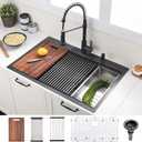 33 Inch Black Drop In Kitchen Sink Workstation - VOKIM 33x22-Inch Drop In Sink Stainless Steel Top Mount 16 Gauge Single Bowl 10'' Deep Handmade Kitchen sink with Cutting Board& Strainer