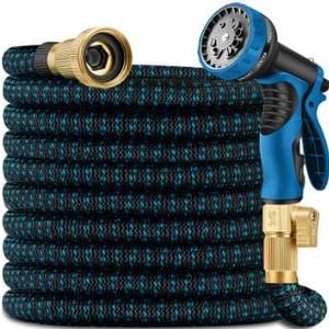 Expandable Garden Hose, 100 Ft, 10-Function Spray Nozzle, 3/4" Brass Fittings, Blue Black