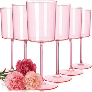 Ciaell 12 Pack Pink Plastic Wine Glasses - 10 Oz Disposable Wine Glasses with Stem for Parties & Weddings & Poolside & Outdoors & Camping & Mother's Day