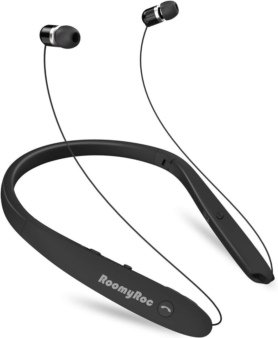 RoomyRoc Bluetooth Headphones, Wireless Neckband Headset Evoking Siri & Bixby with Retractable Earbuds, Sports Sweat-Proof Noise Cancelling Foldable Stereo Earphones with Mic (Black)