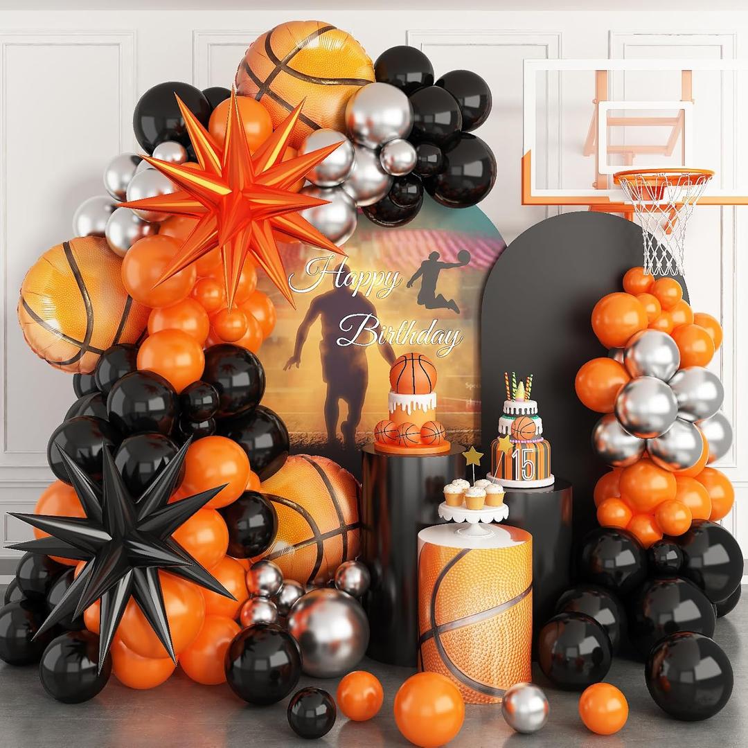 Basketball Balloon Arch Kit - 111pcs Orange, Black, Silver Garland With Explosion Star Balloons for Boys Birthday, Baby Shower, Sports Theme Decorations Basketball Balloon Arch Kit - 111pcs Orange, Black, Silver Garland With Explosion Star Balloons for Boys Birthday, Baby Shower, Sports Theme Decorations
