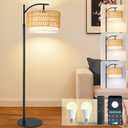 Rustic Black Farmhouse Floor Lamp with Woven Rattan Shade - 12W LED, Remote & Dimmable 3-Color Temp, Tall Standing Lamp for Living Room (Small)