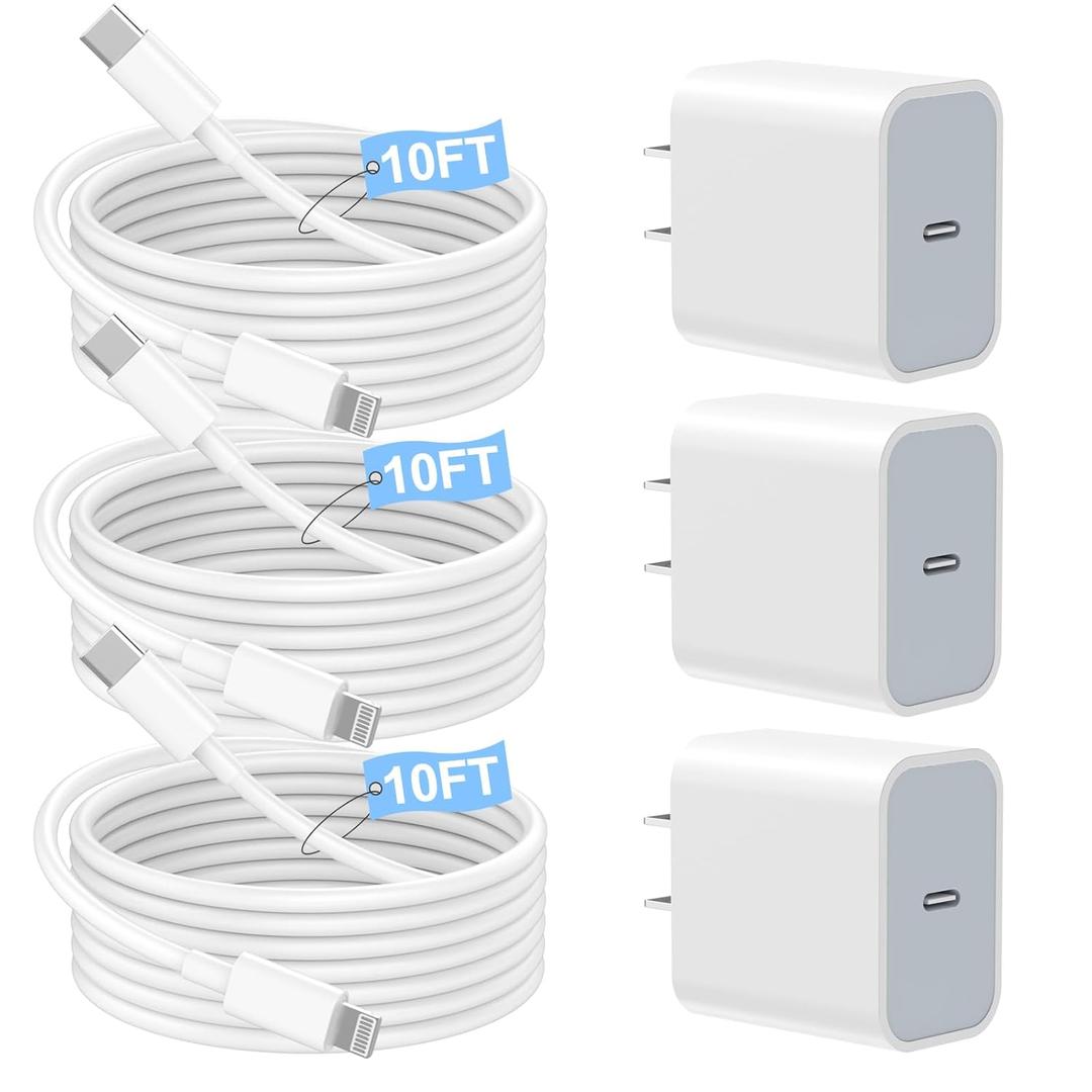 Fast Charger iPhone,iPhone Charger Fast Charging[Apple MFi Certified]3Pack Apple Charger USB C Wall Charging Block 10FT Long USB C to Lightning Cable Cord for iPhone14 Pro Max/13/12 Mini/11/XR/XS/X/SE