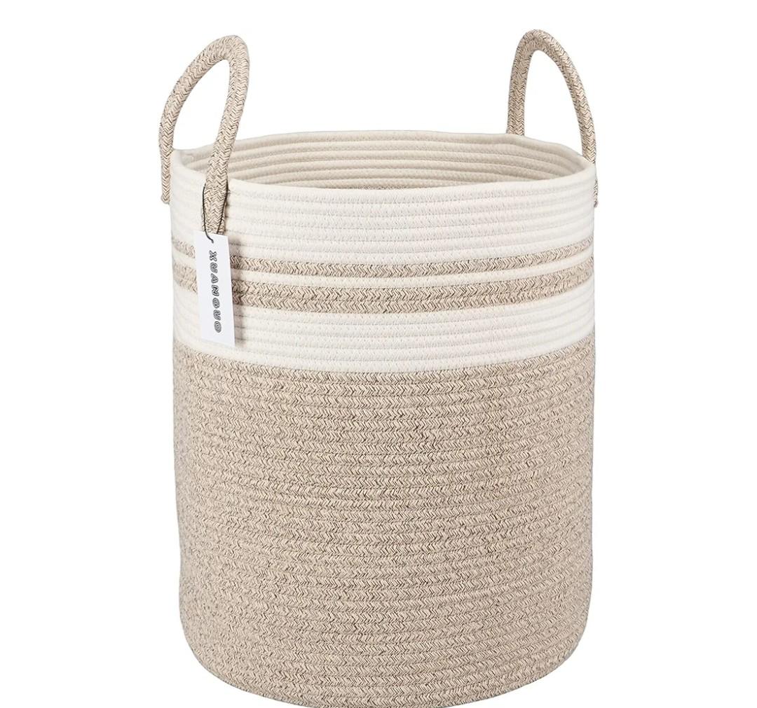 Cotton Rope Laundry Basket Hamper for Clothes Woven Storage Basket for Living Room Bedroom Boho Tall Rope Baskets for Blanket Toys Pillow Towels Baby Nursery Hamper Bin Large brown and white