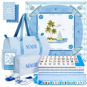 Complete American Mahjong Set with 166 Tiles, Quiet Mahjong Mat, 4 Racks with Pushers, Dice, Chips, Storage Bags & Instruction, Portable Mahjong Game for Travel, Family Game Night & Gifts(Coastal), 1.14 x 0.87 x 0.55 inches
