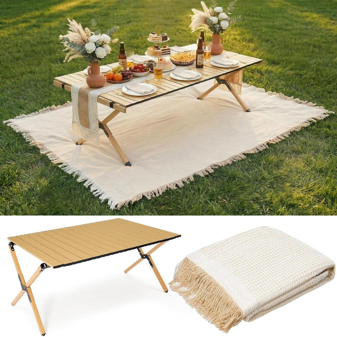 Wesiti 2 Pcs Low Picnic Table Foldable Lightweight Picnic Table Set with 34" x 23" Extra Large Outdoor Camping Blanket Sandproof Boho Beach Woven Cotton Yarn Blanket for Camping Beach Patio
