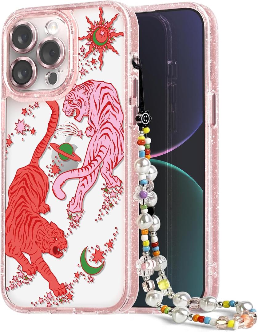 Designed for iPhone 14 Pro Max Case Pink Glitter Clear - Cute Bling Phone Case with Wrist Strap - Aesthetic Y2K Case for Woman, Girl 6.7" (Tiger)