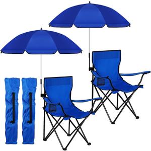 2 Pack Beach Chair with Umbrella for Adults Universal Clamp Folding Lightweight Adjustable Backpack Sling Beach Camping Chair with Cup Holder for Sand Camping Travel Outdoor Pool