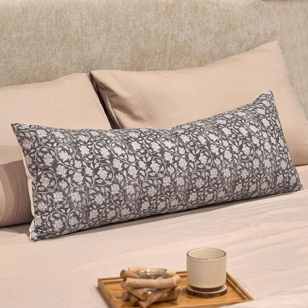 DOMVITUS Floral Pillow Covers, 14x36 Lumbar Pillow Cover, Block Print Pillow Cover, Decorative Neutral Accent Throw Pillow Covers for Bedroom Living Room, 1PC, Taupe