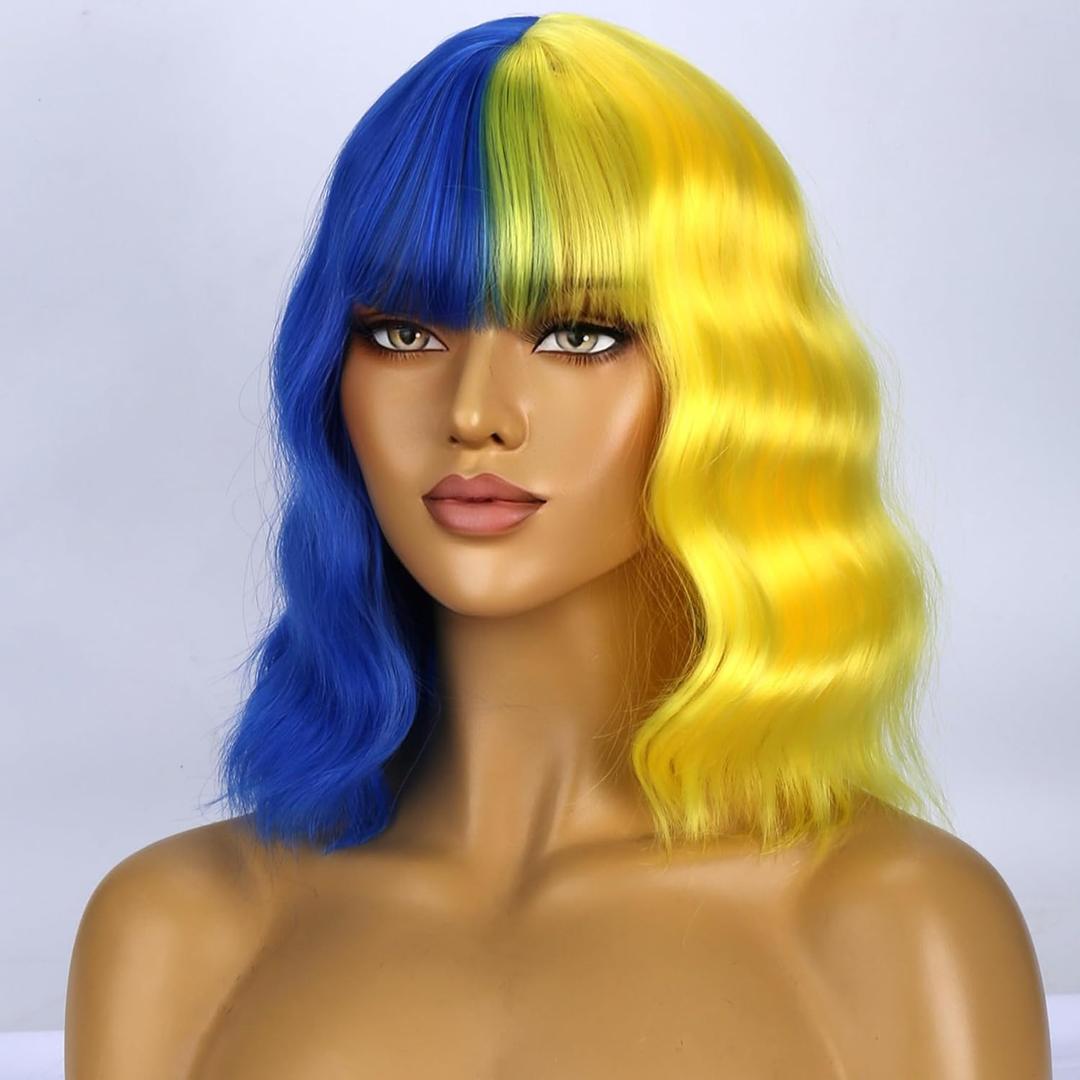 Blue and Yellow Wigs for Women Short Curly Wavy Cosplay Wig With Bangs Heat Resistant Synthetic Wigs for Daily Use With Wig Cap