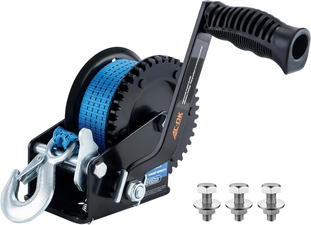 AC-DK 1600lbs Heavy Duty Boat Trailer Winch with 26FT Strap, 2-Way Ratchet & 4:1 Gear Trailer Winch, Portable Hand Crank Winch for Boat, Truck, Trailer, RV, ATV, Jet Ski